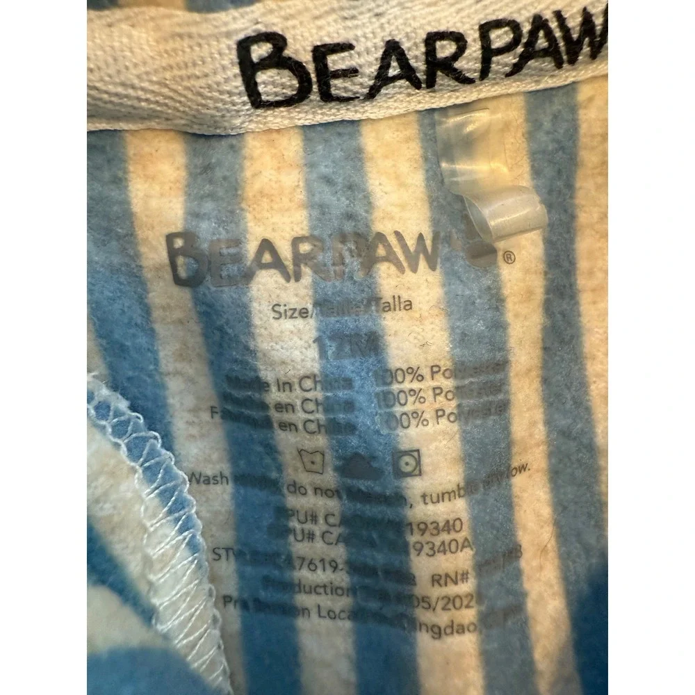 Bearpaw Baby Boys Blue White Striped Fleece Pajama Set‎ 12M Teddy Bear Patch
